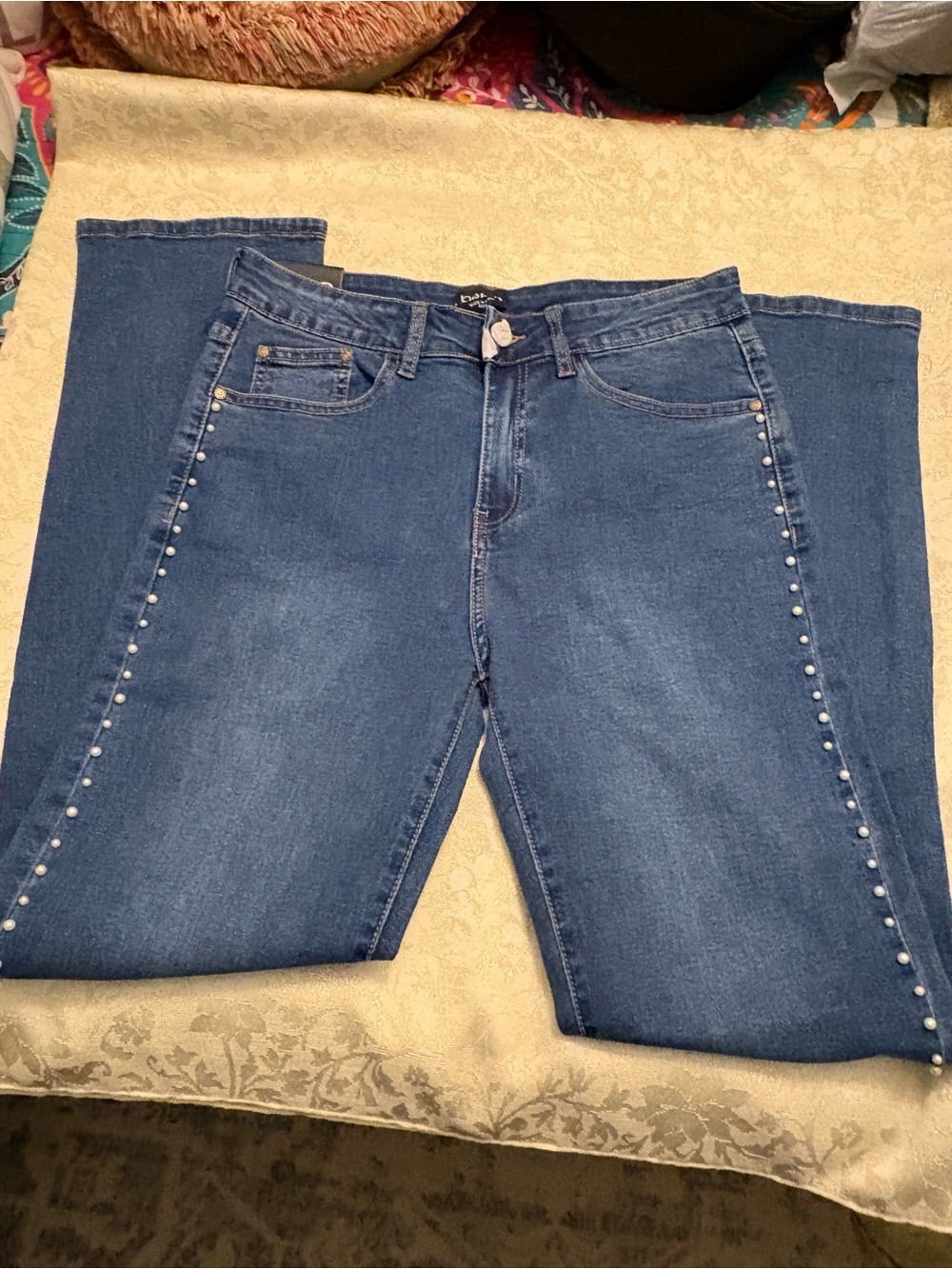 bebe Blue Straight-Leg Jeans with Pearl Side Trim, Size: 8/29
